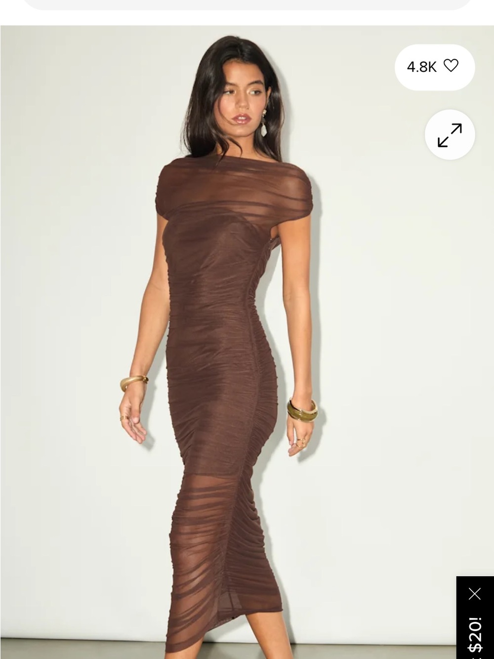 Lulus Sunama Brown Mesh Ruched Bodycon Midi Dress